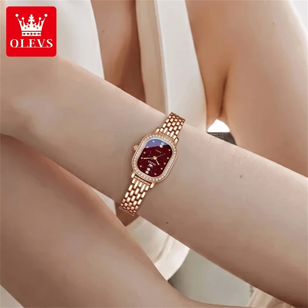 Reloj de pulsera para mujer OLEVS de lujo, diseño ovalado con bisel de cristal, cuarzo delgado, correa de piel y acero, elegante reloj multicolor 5697