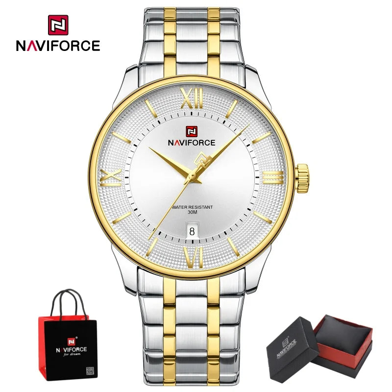 NAVIFORCE Men Elegant Quartz Wristwatch 3ATM Waterproof Calendar Stainless Steel Business Formal Watch Wristwatch Gifts box