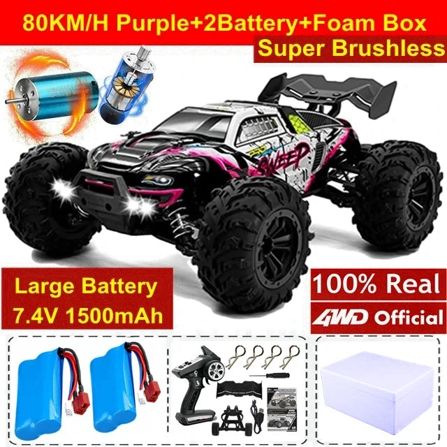 Camión RC 4x4 todoterreno morado con llantas negras y guardabarros, 2 baterías.