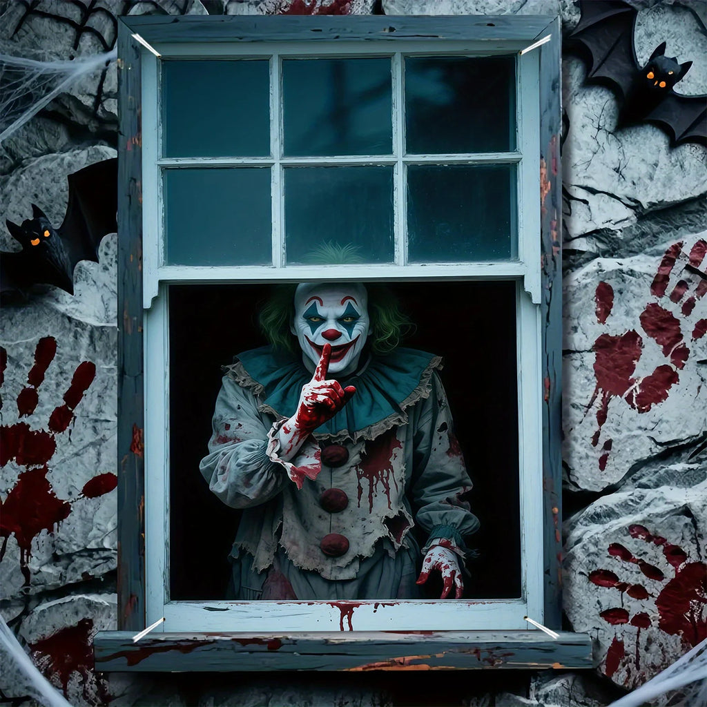 Banner plano 2D de 1 pieza para fiesta de Halloween - Diseño de payaso de carnaval de terror y sangre, decoración colgante de poliéster