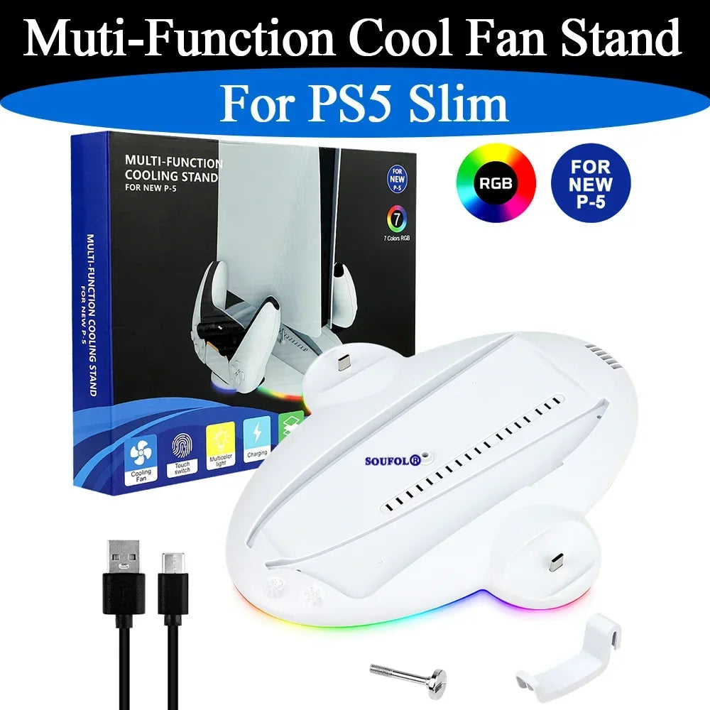 RGB Vertical Stand Charging Dock For PS5 Slim Muti-function Cooling Fan Stand With LED Light For PS5 Slim Console Accessories