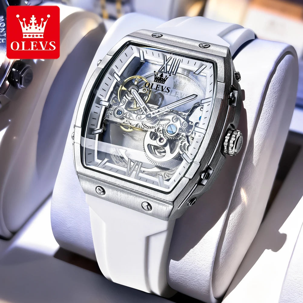 Reloj automático para hombre OLEVS 6779, esfera grande de 50 mm, diseño esqueleto, resistente al agua, correa de silicona, reloj mecánico para hombre