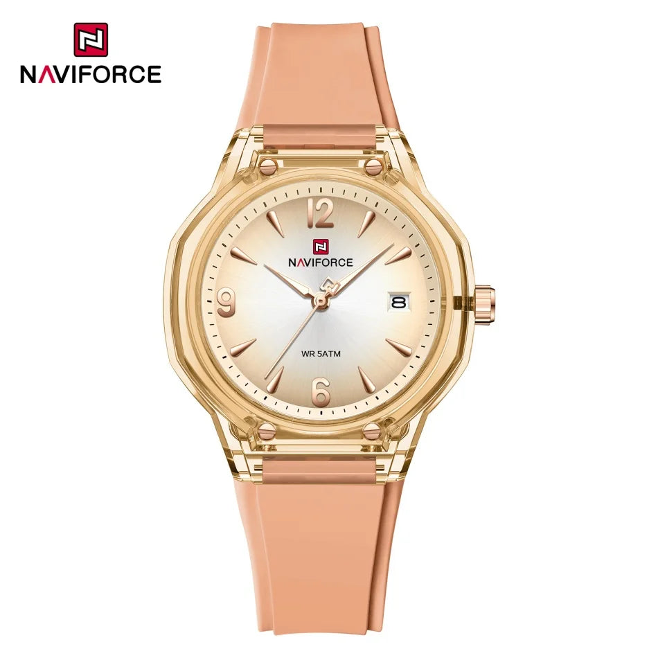 Reloj de moda para mujer NAVIFORCE resistente al agua con pantalla de manecillas luminosas, correa de silicona elegante y brillo nocturno