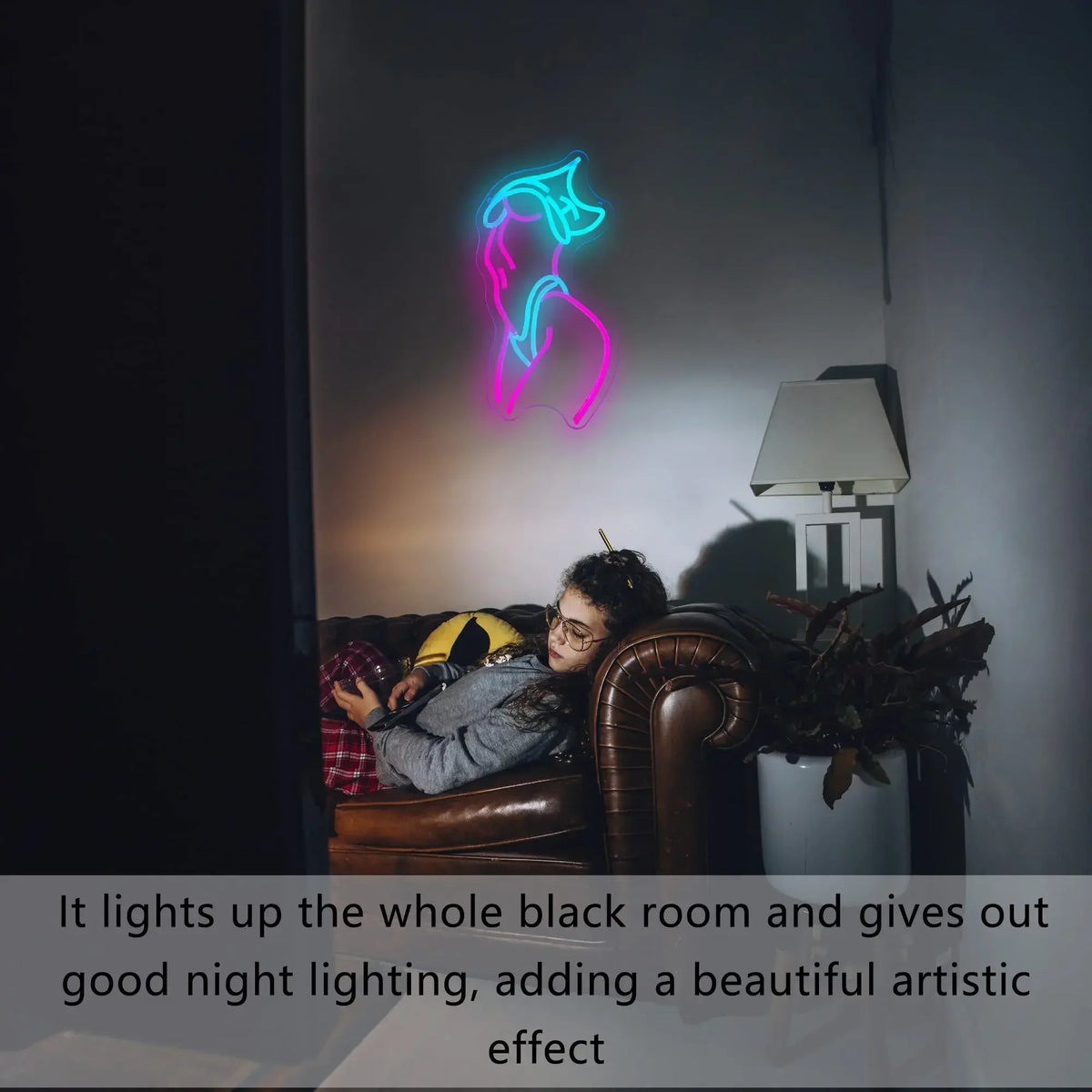 Letrero neón LED de mujer con luz rosa y azul turquesa en pared