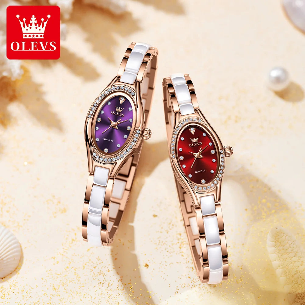 Reloj de cuarzo para mujer OLEVS 7131 con correa de porcelana, resistente al agua 30m, esfera con diamantes exquisitos y diseño elegante de moda