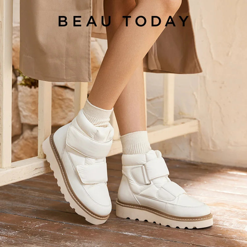 BEAUTODAY botines de mujer de tela con punta redonda plataforma de Color sólido gancho y bucle antideslizante botas de nieve de invierno hechas a mano 08064