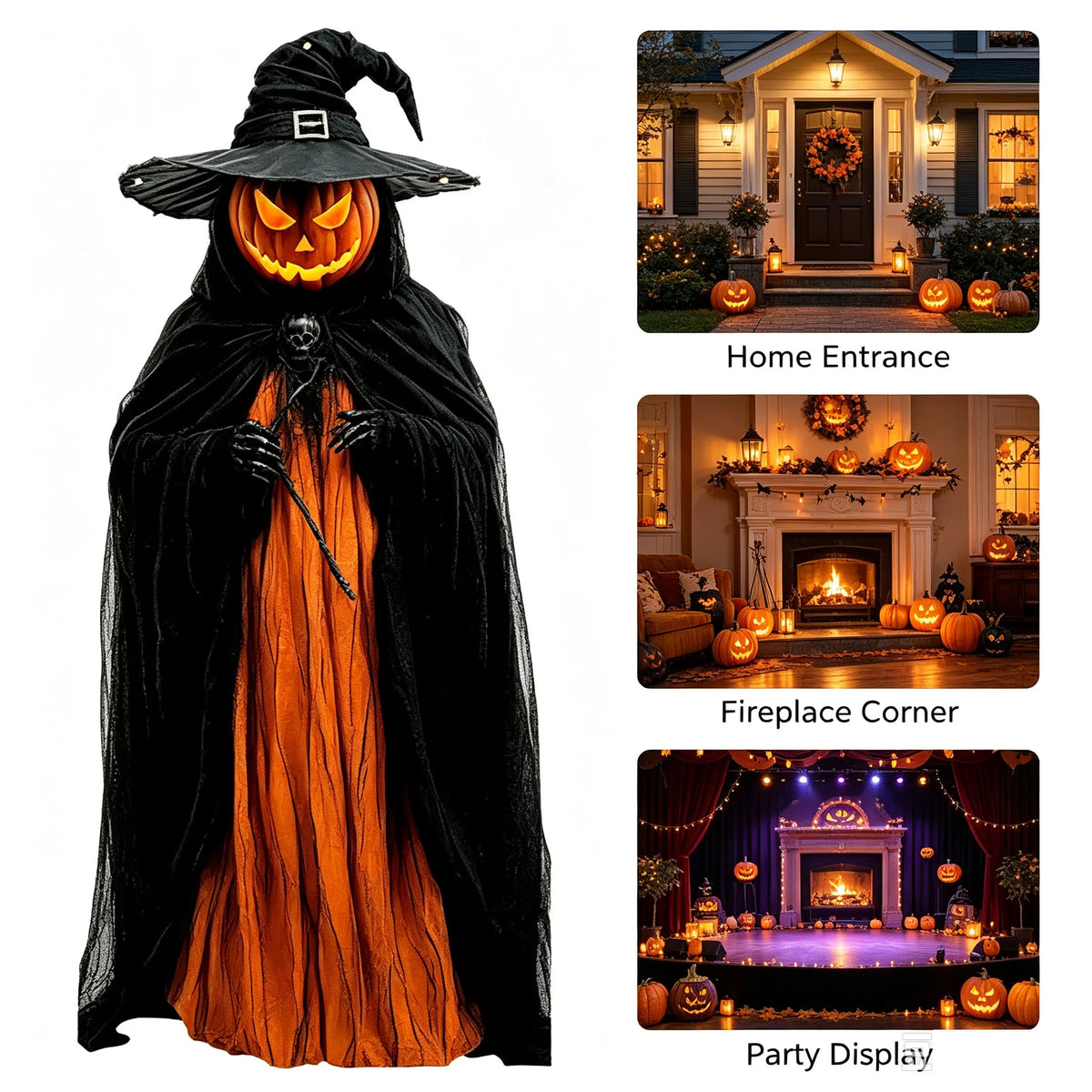 Decoración de Halloween con forma de cabeza de calabaza y capa de bruja, estatua de bruja con calabaza encendida, sombrero negro y capa, adorno festivo espeluznante para el hogar.