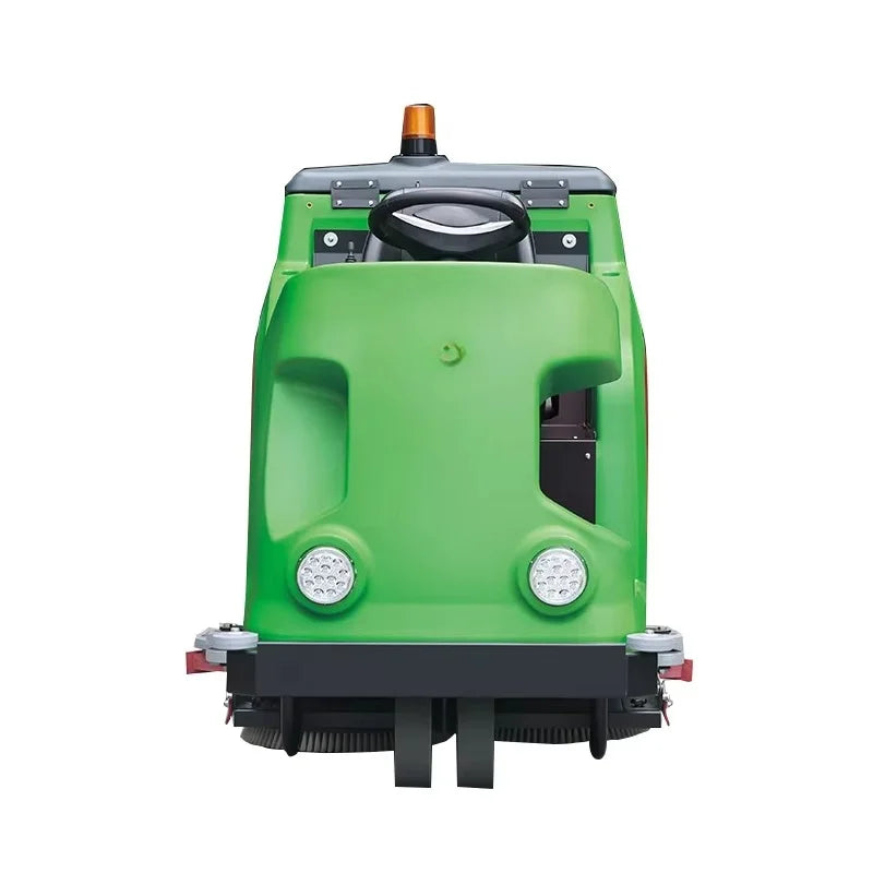 Robot limpiador de suelos verde con tapa superior negra y ruedas, vista trasera