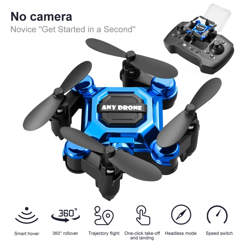 Dron mini azul sin cámara, hélices plegables y control remoto