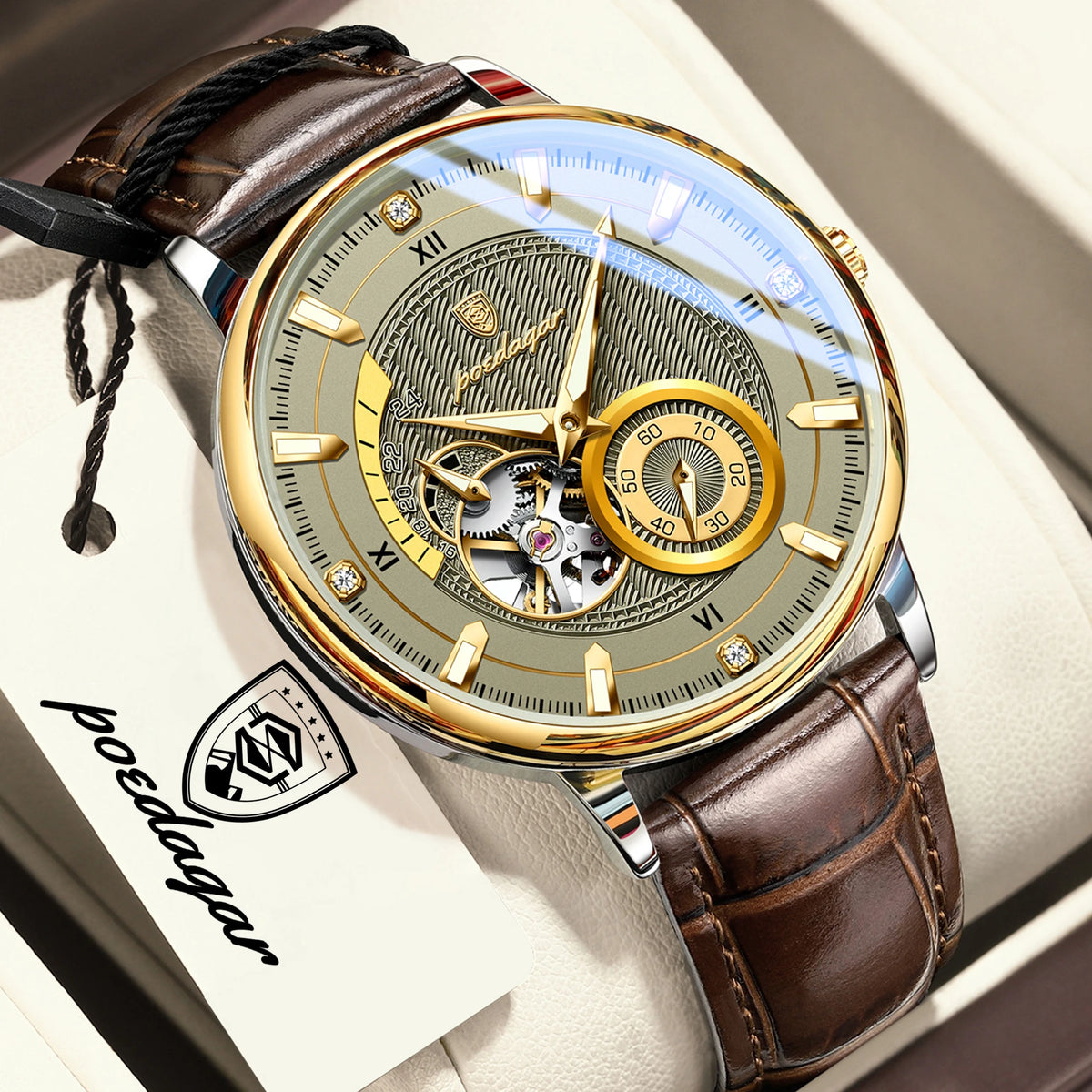 Reloj POEDAGAR de moda para hombre, luminoso, resistente al agua, con tourbillon hueco, correa de piel, reloj mecánico automático deportivo para caballero