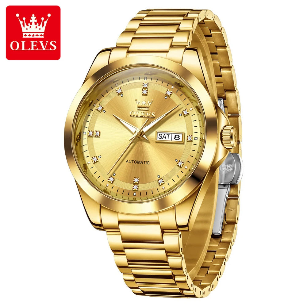 Relojes mecánicos de lujo OLEVS para hombre, reloj de pulsera automático con calendario doble, resistente al agua, luminoso, de acero inoxidable 7136