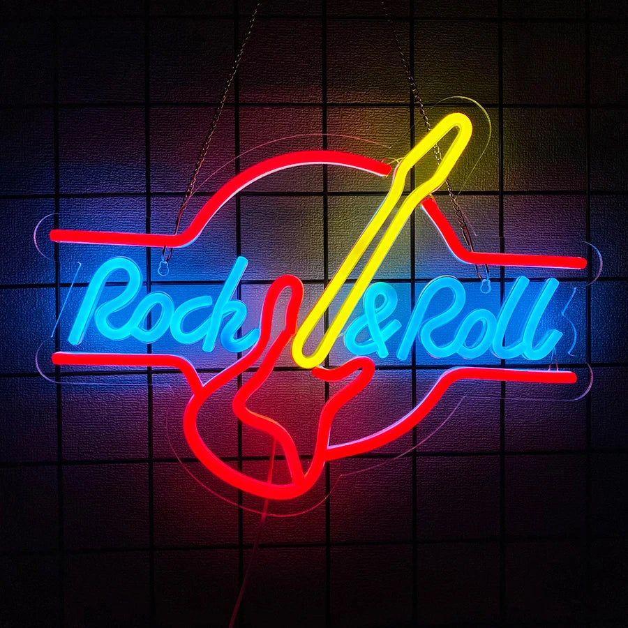 Letrero de neón LED con guitarra Rock & Roll, líneas rojo, azul y amarillo, estilo retro