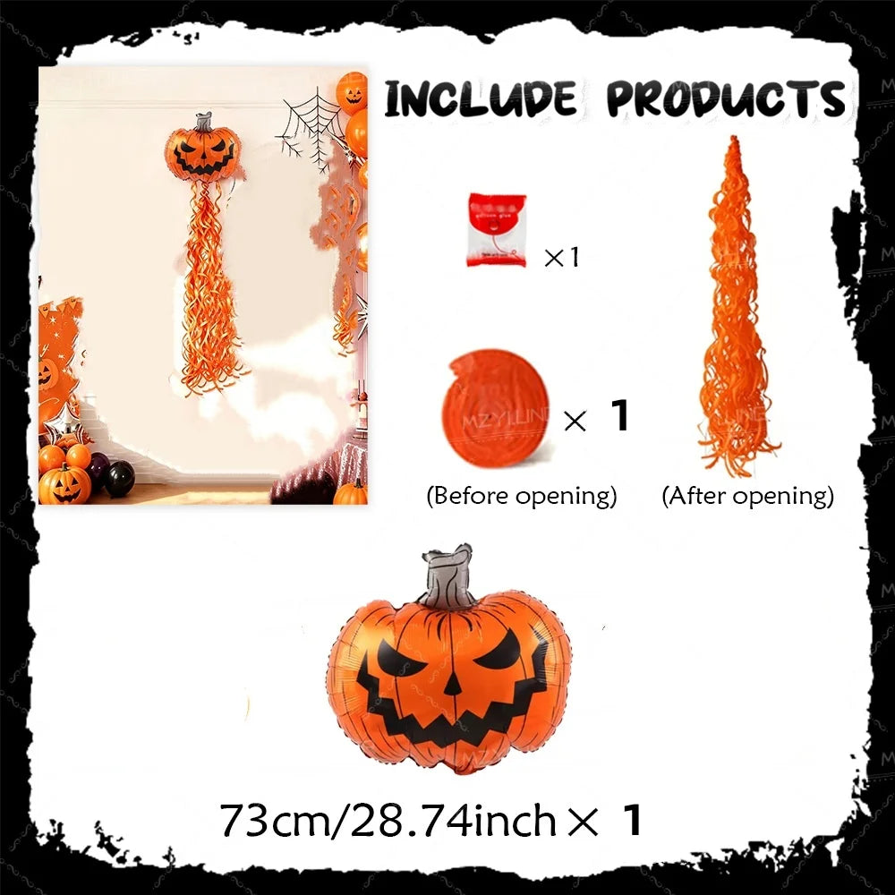 7 piezas: suministros de decoración para Halloween, globos de calabaza espeluznantes y juego de cortinas de lluvia con borlas en espiral, con puntos adhesivos, adecuados para fiestas de Halloween, recogida de dulces, f