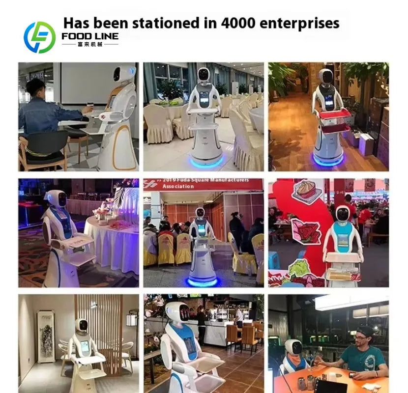 Robot camarero automático blanco en collage de uso en restaurantes, con bandeja