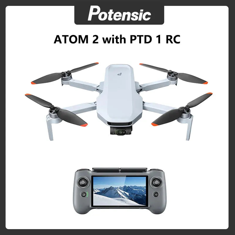 Dron plegable blanco con cuatro hélices y mando a distancia con pantalla