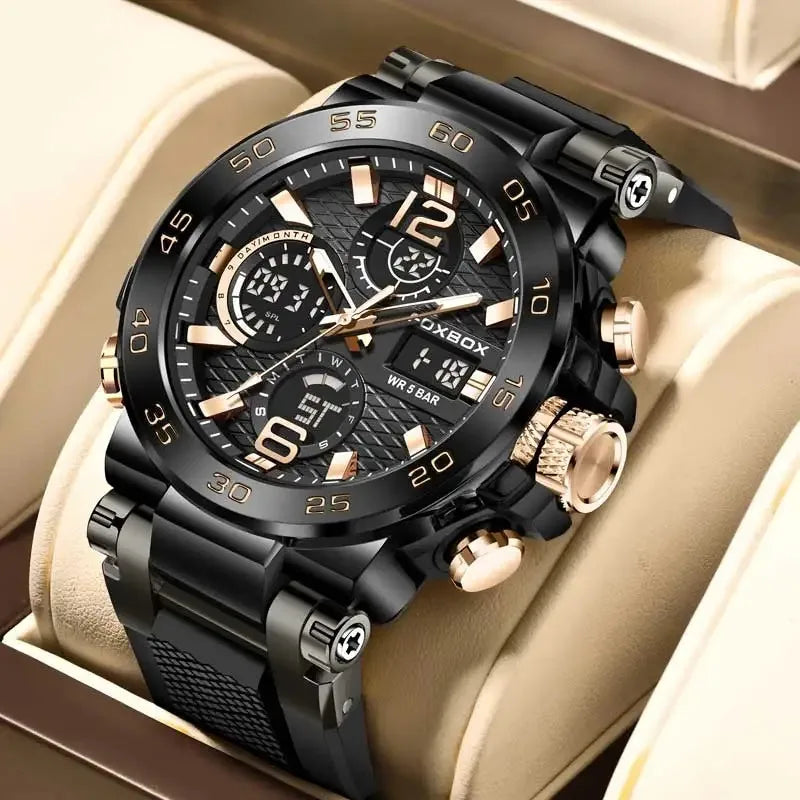 FOXBOX Luxury LED Display Men Wristwatches Luminous Sport Man Watch Waterproof Military Quartz Male Clock Relogio Masculino+Box