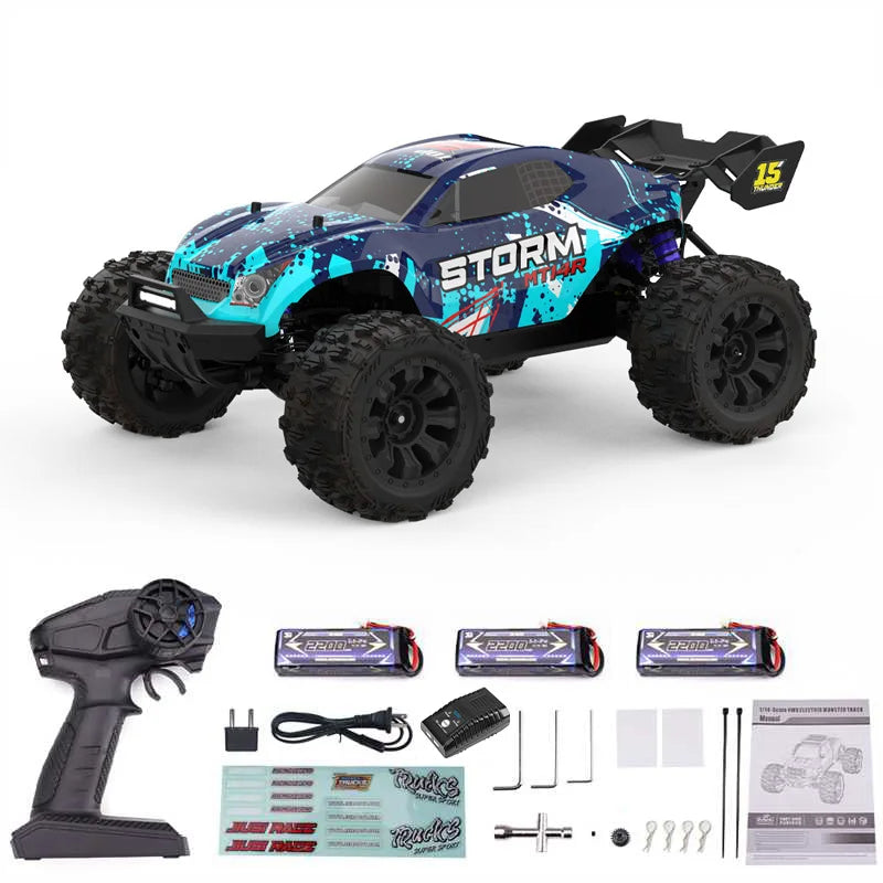 Camión RC todoterreno 1/14 azul con detalles turquesa con control remoto y baterías