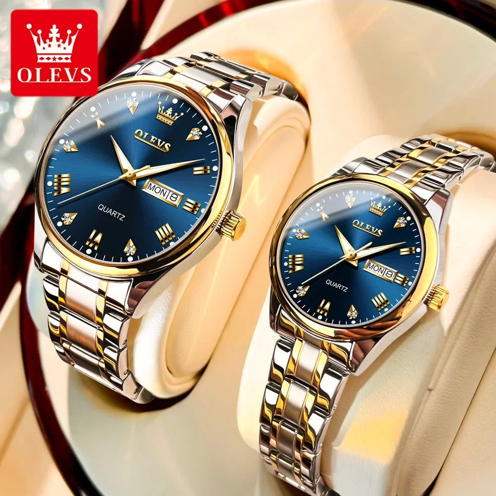 Relojes para pareja OLEVS de lujo, dorados con diamantes, calendario doble, resistentes al agua, reloj de cuarzo de marca de moda para citas, modelo 5563