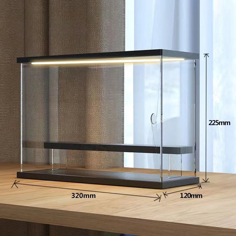Vitrina de acrílico transparente para figuras con luces LED, caja de almacenamiento a prueba de polvo con escalones, expositor para juguetes y modelos de coches