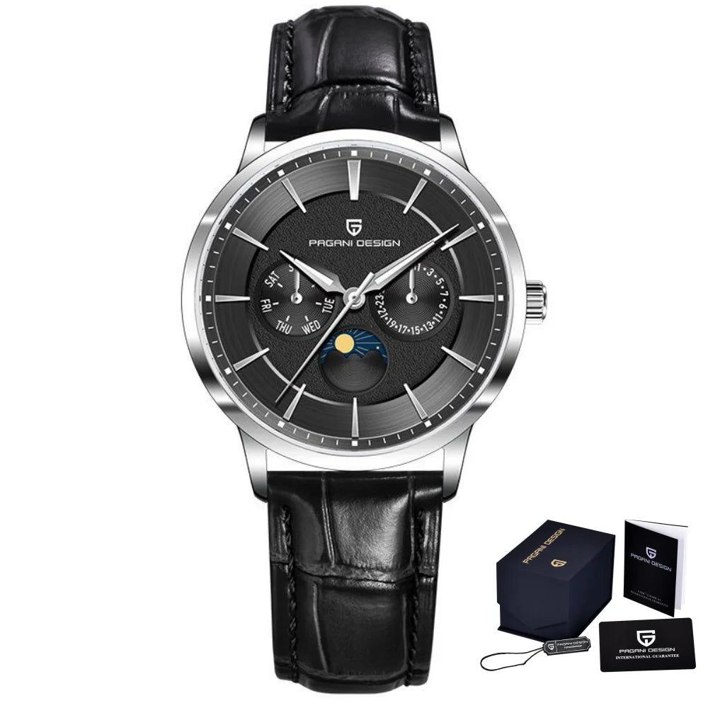 PAGANI DESIGN Brand 1795 Fashion Men Multi Functional Watch Moon Phase Date Stainless Steel Strap Week Sapphire Watches for Man