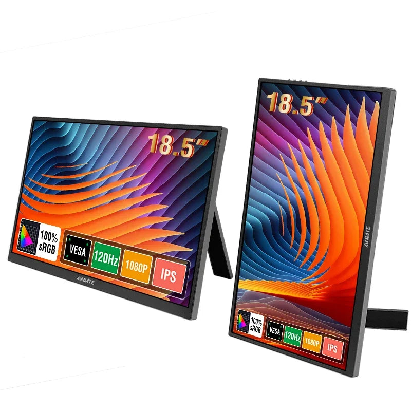 Monitor Portátil Anmite de 18.5 Pulgadas, 120Hz, RGB100%, con Orificio VESA y Soporte Trasero, Pantalla Extendida para Laptop, Pantalla ADS-IPS HDR
