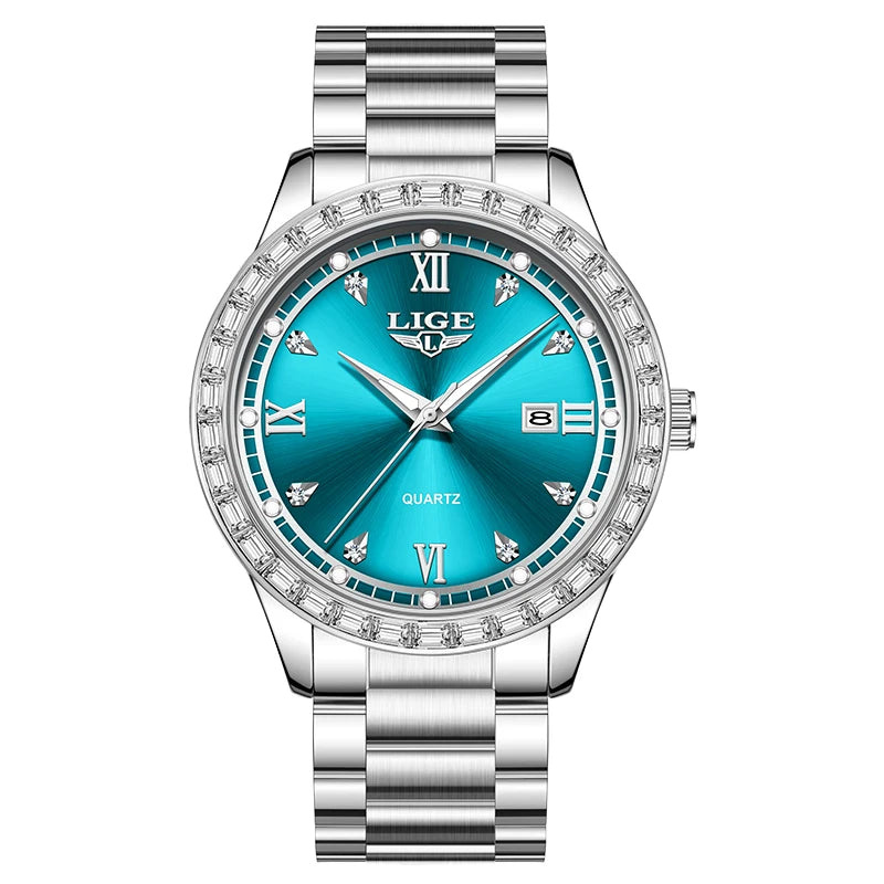 Reloj de cuarzo original LIGE para mujer, esfera con diamantes, acero inoxidable, resistente al agua, luminoso, elegante reloj de pulsera para mujer Reloj Mujer