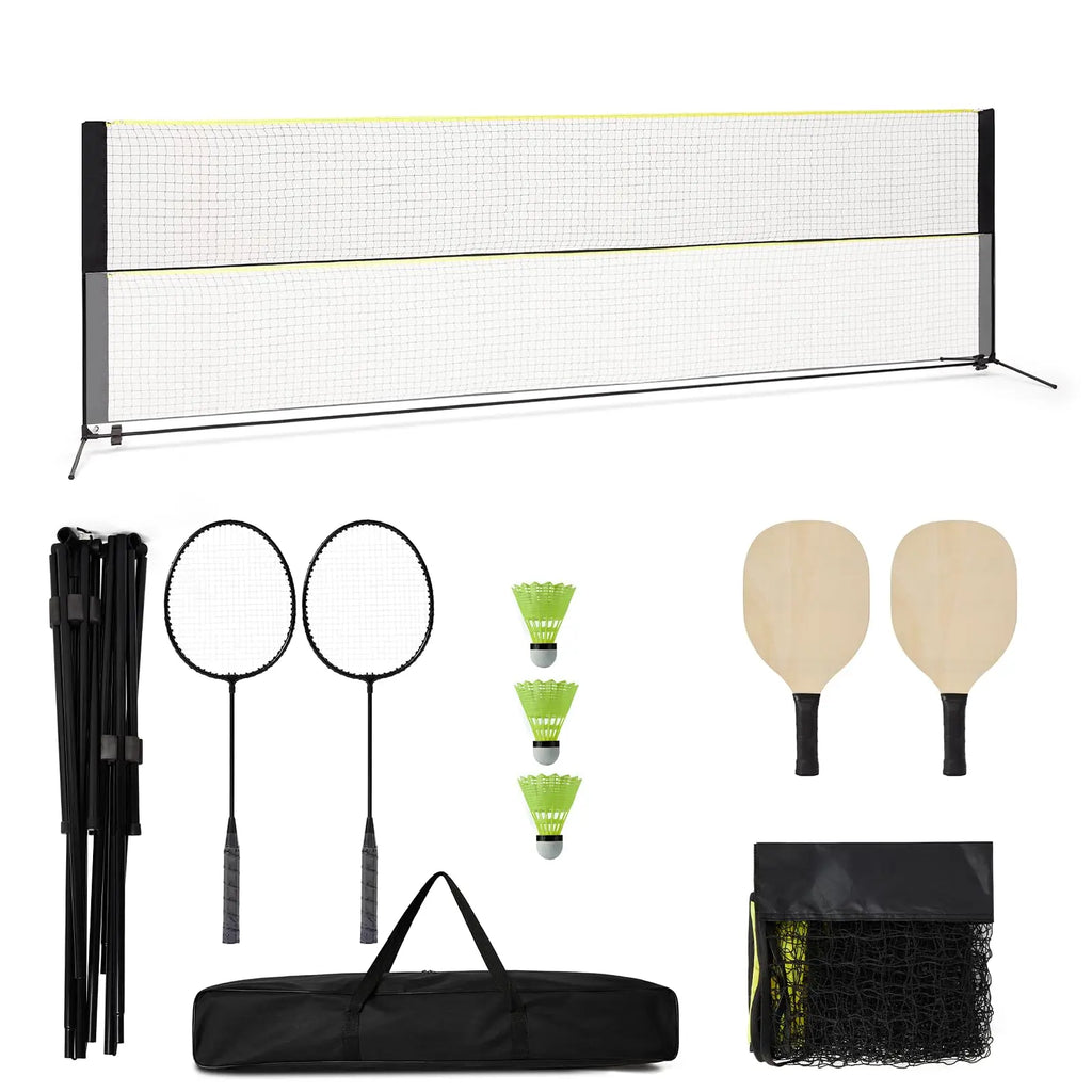 Juego de red de bádminton y pickleball ajustable en altura de 5,1 m – Portátil con bolsa, incl. 2 raquetas, 2 palas, 3 pelotas – Ideal para jardín, playa y actividades al aire libre