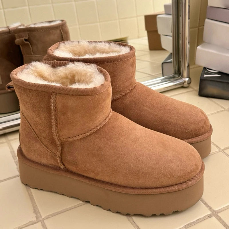 Botas de nieve clásicas de mujer, modelo 2027, nuevas, de invierno, cálidas, de lana, con suela gruesa, de cuero genuino y piel.