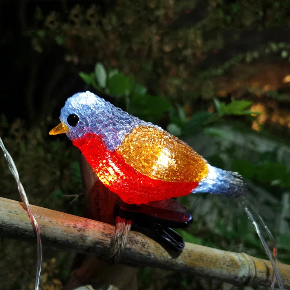 Guirnalda de luces acrílicas impermeables con forma de pájaro, 5 LED, alimentación por USB, batería o energía solar, lámpara de hadas para jardín, paisajismo, decoración de árboles, farol