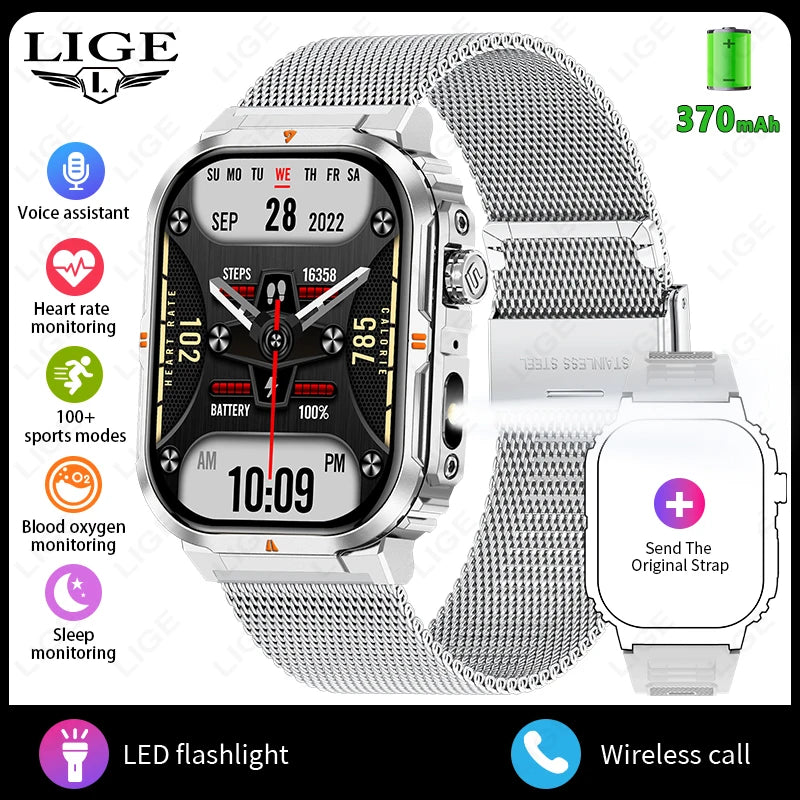 LIGE New Sports Smart Watch 2.01" HD Make Answer Call Voice Assistant Flashlight Outdoor 370mAh Battery Smartwatch For Men Women