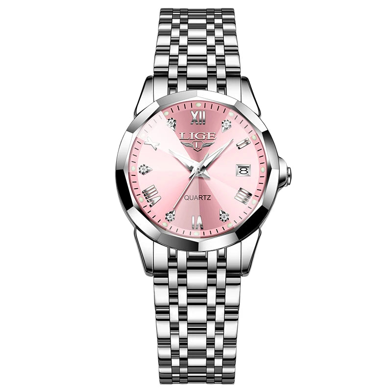 Reloj de moda para mujer LIGE, impermeable, luminoso, con calendario de día y semana, regalo para mujer, reloj de cuarzo de acero inoxidable de alta calidad
