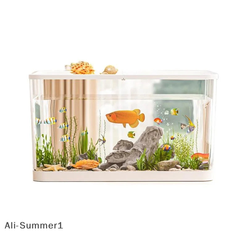 【E】Mini pecera de PET transparente, acuario hidropónico resistente a caídas con tapa, tanque ecológico de escritorio para el hogar, acuario fácil de mantener para tortugas