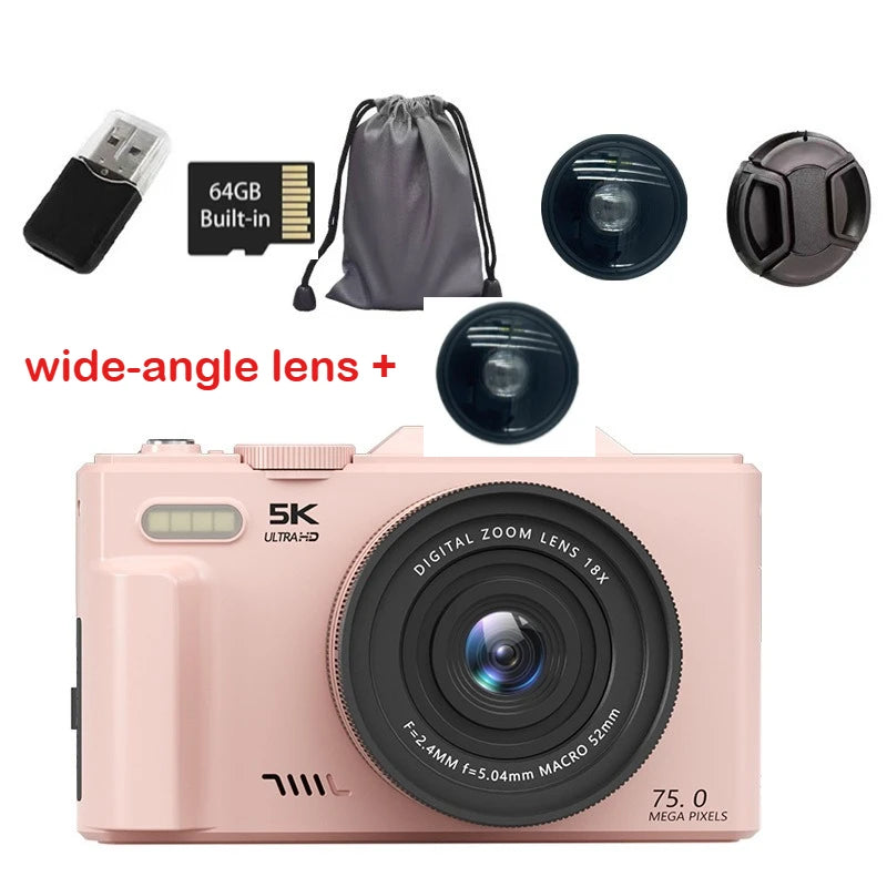 Cámara digital 5K para fotografía Cámara Vlogging de 75 MP para YouTube 3" 180 °   Pantalla abatible, cámara de disparo puntual con zoom digital 18X de 32 GB