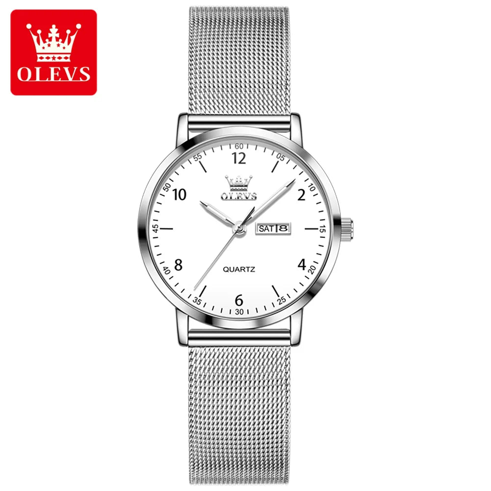 Relojes OLEVS para mujer, correa de acero de malla, reloj de pulsera de cuarzo con esfera digital de moda, fecha, día, impermeable, reloj elegante para dama 2996