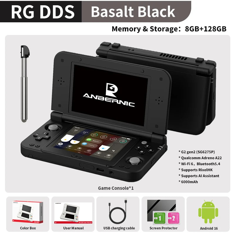Consola de Juegos Portátil Retro Anbernic RG DDS con Pantalla IPS de 4.7"/4" Doble, Batería de 6000mAh, Android, 16 Juegos, Compatible con Asistente de IA y Streaming