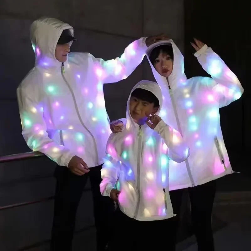 Chaqueta LED impermeable para parejas, chaleco con capucha, pantalones, disfraz de Halloween, Carnaval, actuación de baile para adultos, disfraz elegante flash