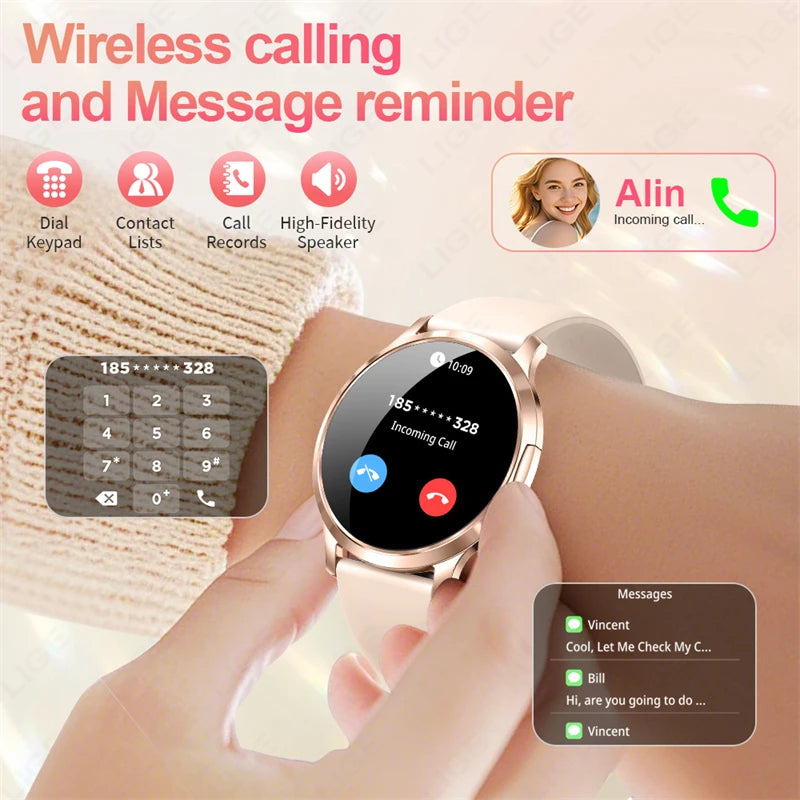 Reloj inteligente LIGE 2025 con pantalla AMOLED ultrafina, pulsera deportiva de fitness para mujer, esfera de reloj personalizada, llamada Bluetooth, reloj inteligente de lujo