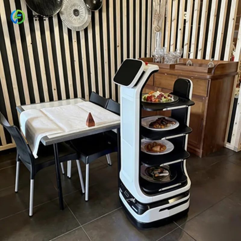 Robot de entrega de comida con cuatro bandejas y base de desplazamiento