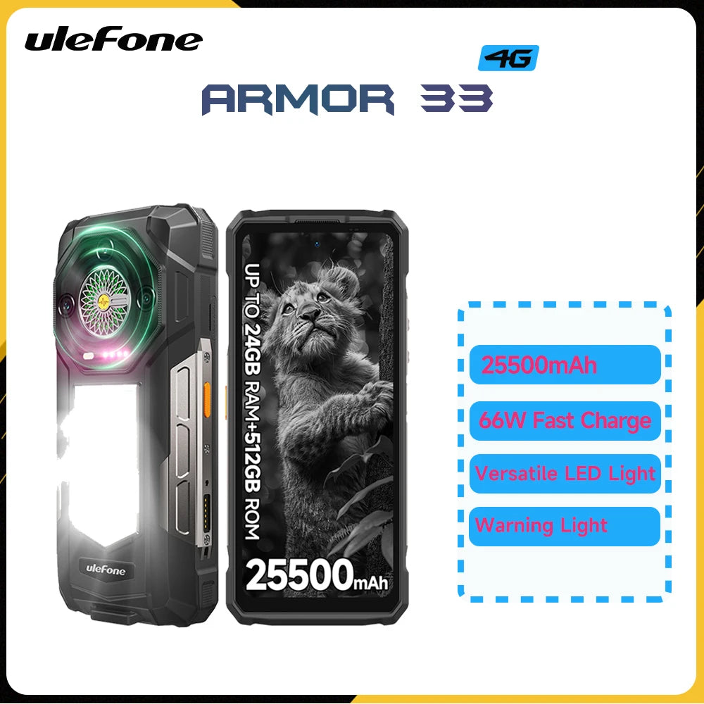 Teléfono inteligente resistente Ulefone Armor 33, Android 15, 24 GB+512 GB, LED versátil, NFC, carga rápida de 66 W, 25500 mAh, altavoz potente, 120 Hz