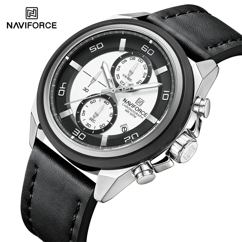 Reloj cronógrafo deportivo de lujo NAVIFORCE para hombre, resistente al agua 3ATM, militar, con manecillas luminosas, indicador de fecha y correa de cuero