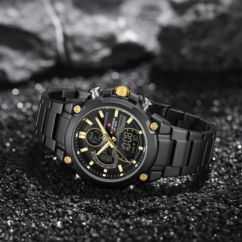 Nuevo reloj para hombre NAVIFORCE, resistente al agua, con cuenta regresiva, deportes, doble pantalla, reloj de pulsera de cuarzo, LCD, luminoso, alarma y reloj digital.