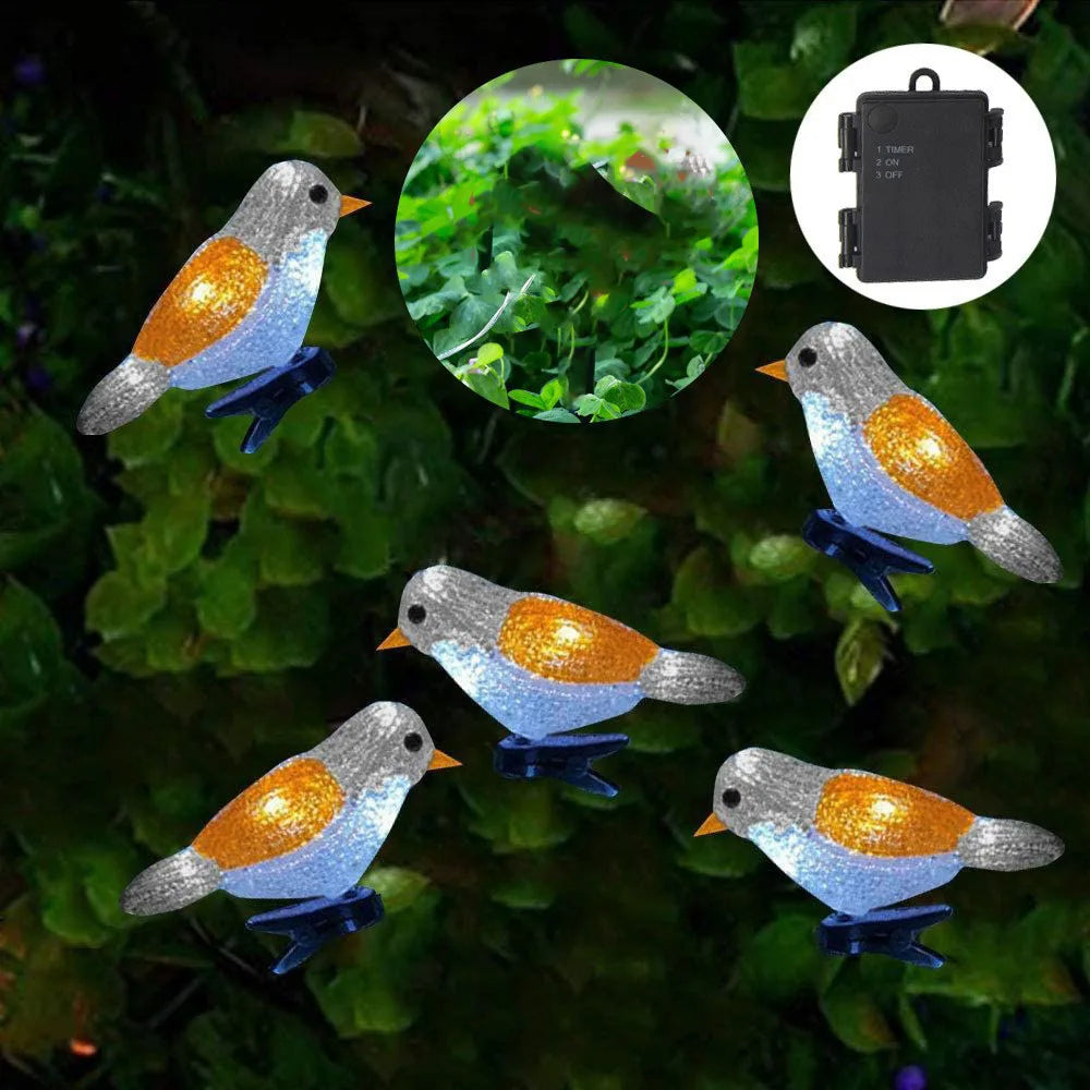 Guirnalda de luces acrílicas impermeables con forma de pájaro, 5 LED, alimentación por USB, batería o energía solar, lámpara de hadas para jardín, paisajismo, decoración de árboles, farol
