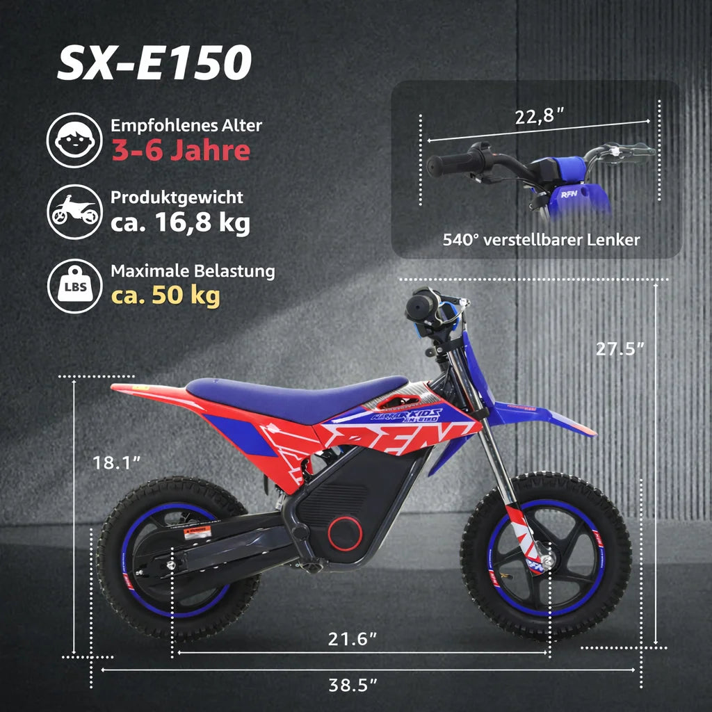 Mini moto eléctrica de cross Rfn 150: Motocicleta eléctrica todoterreno para niños, 200 W, 2 velocidades, para niños y niñas, vehículo eléctrico