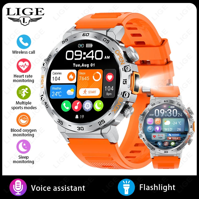 LIGE 2026 Smart Watch Men Sport Watches LED Flashlight 360*360 Ultra HD Screen Waterproof Fitness Bluetooth Call Men Smartwatch