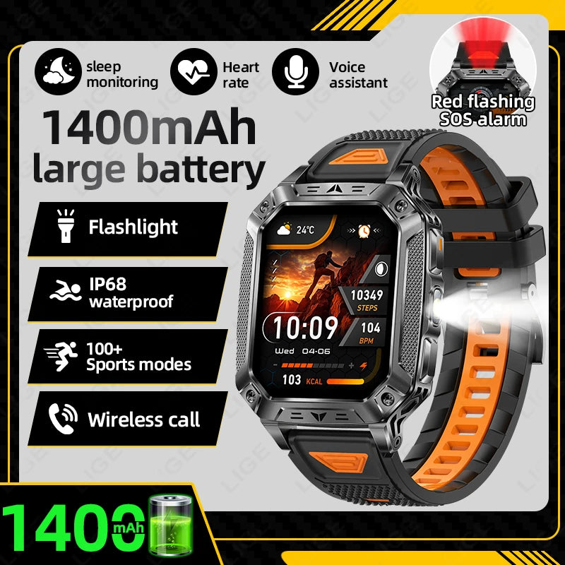 LIGE Built-in 1400mAh Super Large Battery Men Smart Watch Outdoor Flashlight IP68 Waterproof BT Call 2.01" New Smartwatch 2026