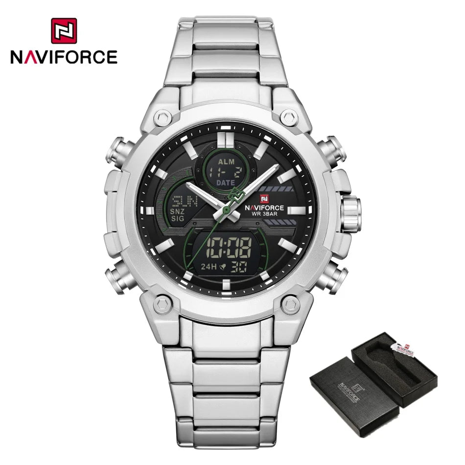 Nuevo reloj para hombre NAVIFORCE, resistente al agua, con cuenta regresiva, deportes, doble pantalla, reloj de pulsera de cuarzo, LCD, luminoso, alarma y reloj digital.