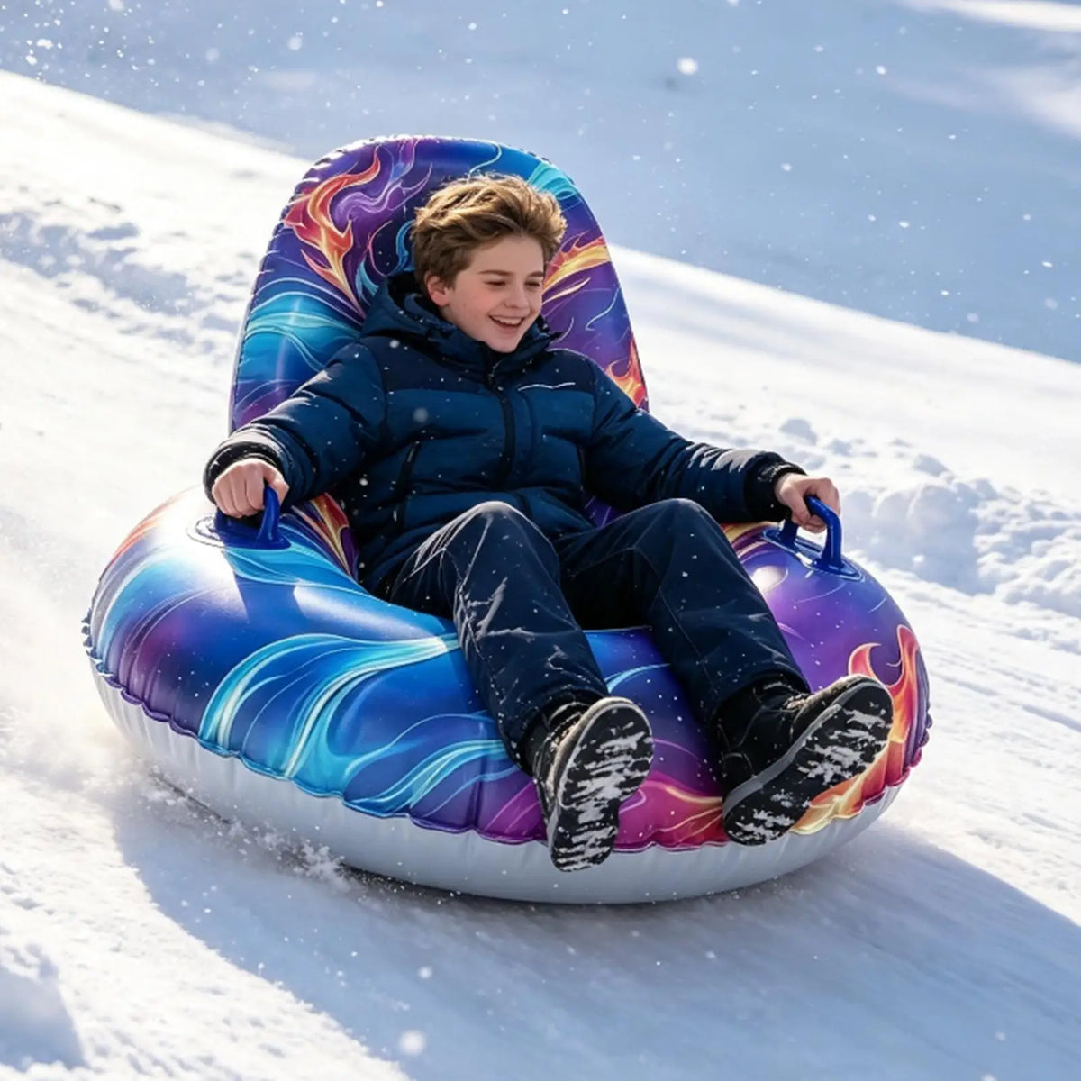 Tubos de nieve para adultos, trineos ergonómicos inflables con base antideslizante y respaldo, ideales para actividades al aire libre en familia durante el invierno, para practicar deportes en la playa o en un parque.