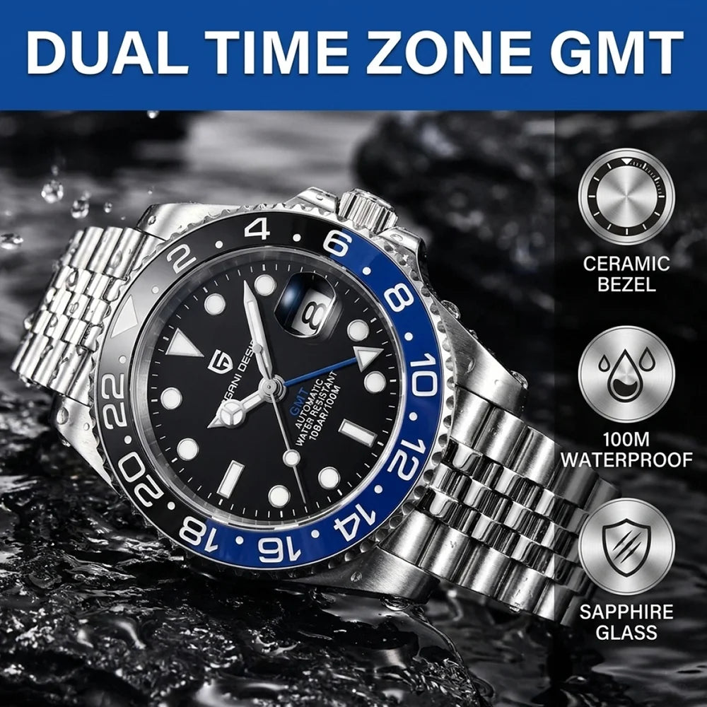 Reloj mecánico automático para hombre PAGANI DESIGN, cristal de zafiro, 40 mm, bisel cerámico, GMT, reloj de pulsera deportivo de marca superior, resistente al agua