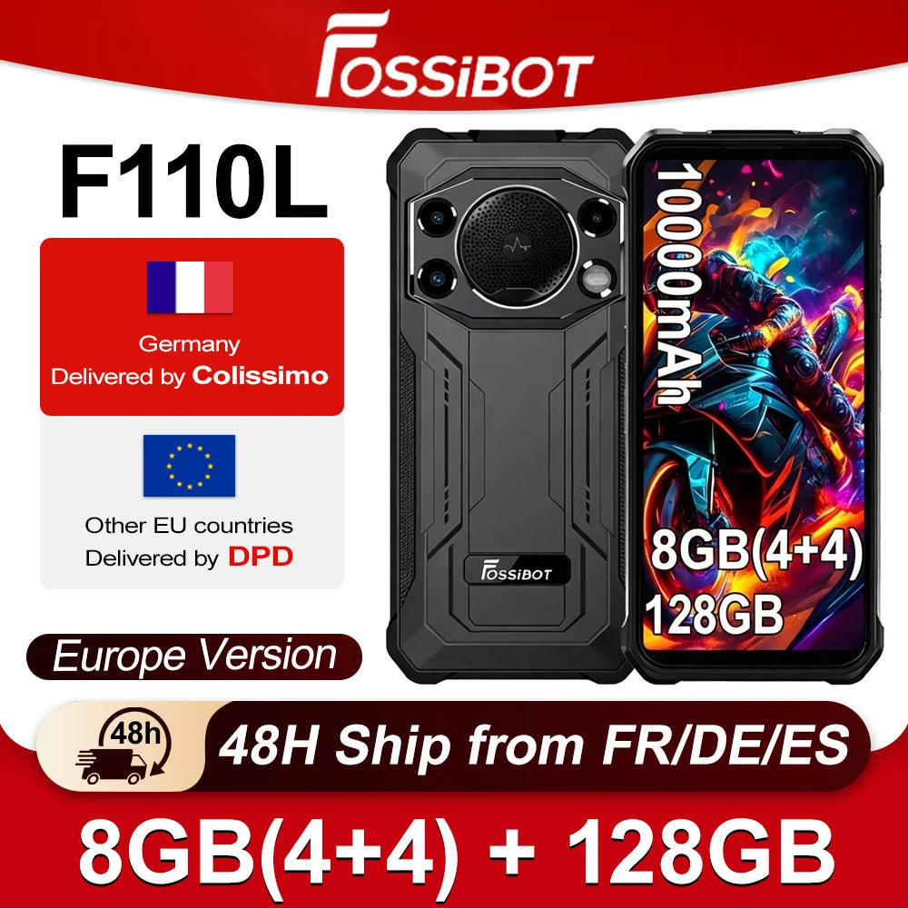 FOSSiBOT F110L Rugged Smartphone, Android 15, 8GB RAM(4GB+4GB) +128GB Storage, 10000mAh Large Battery, 50MP+8MP+5MP Triple Camera, 6.745" HD+ IPS 60Hz Display, NFC, GPS Outdoor Industrial Mobile Phone