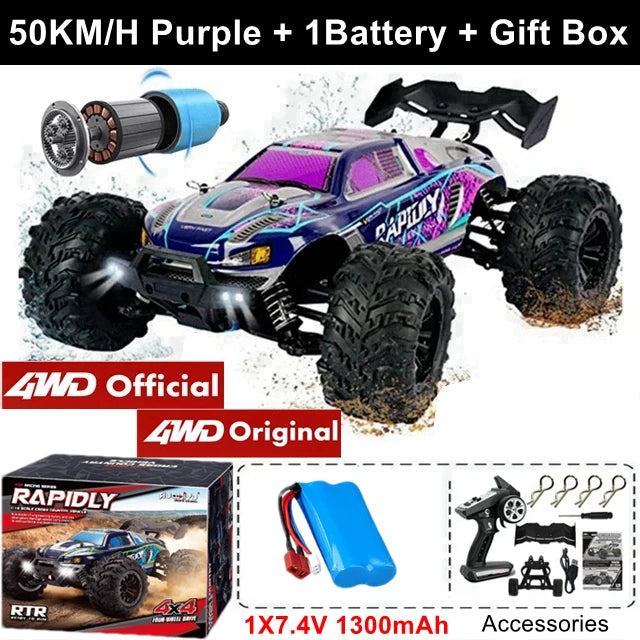 Coche RC 4x4 todoterreno color morado con ruedas grandes con tacos y estructura reforzada.